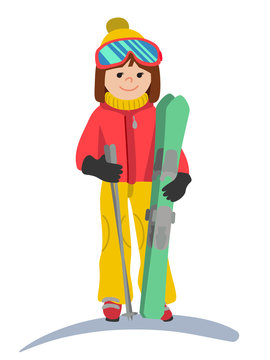 Flat design vector illustration of young woman from the mountain by ski equipped. Smiling happy skier girl. Including helmet, glasses, gloves, hat, boots, poles.