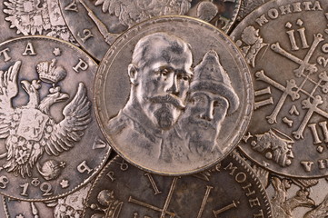 Coins background silver ruble Russia 1913 Three hundred years anniversary of the Romanov dynasty