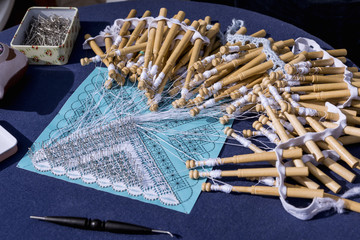 Close-up of artisanal manufacturing tatting. Bobbin lace manufacturing