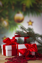 Fototapeta na wymiar Gift box with red ribbon, Holiday Christmas background