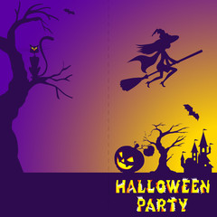 Halloween illustration of mysterious night landscape with witch fly on broom castle and moon. Template for your design. Vector drawing.
