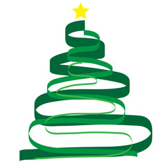 Stylized green ribbon Christmas tree with yellow star. Vector illustration.