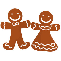Gingerbread man and women decorated white icing. Holiday Christmas cookie in shape of human
