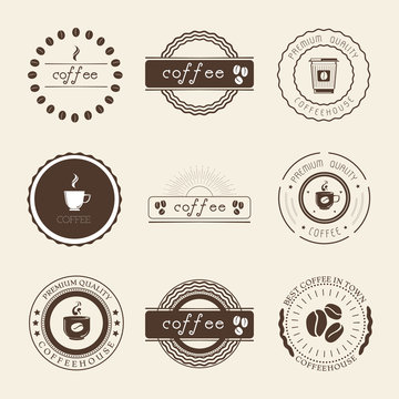 Coffee Shop Logos, Badges and Labels Design Elements set. Cup, beans, cafe vintage style objects retro vector illustration.