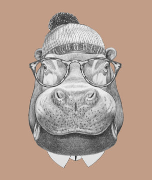 Portrait of Hippo with glasses, hat and bow tie. Hand drawn illustration.