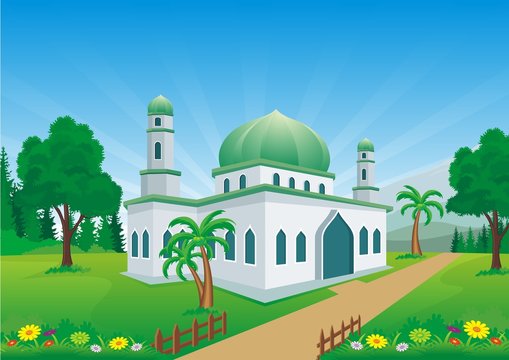 Islamic cartoons, with mosque and beautiful natural scenery