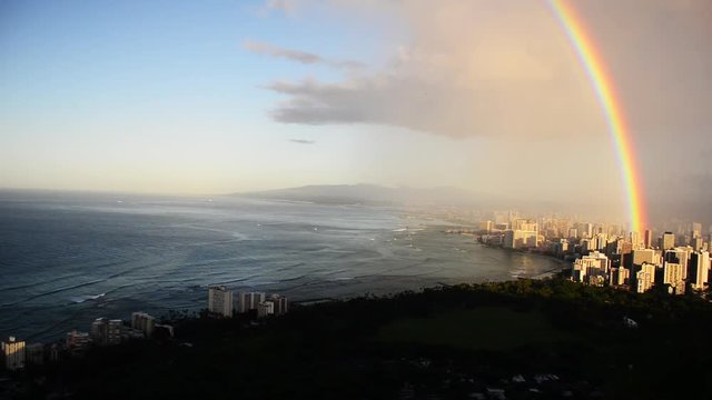 Honolulu skyline with scenic rainbow, overhead.