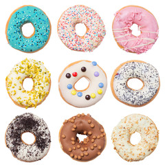 Set of assorted donuts isolated on white background