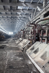 Electrolysis workshop with row of smelter cells on the aluminum plant