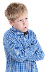Annoyed and tired young boy heavy sighing, isolated white background