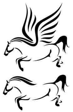 speeding winged horse design - black and white pegasus vector illustration