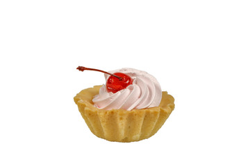 cake with cream and cherry basket.