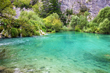 Plitvice lake water, Croatia natural travel background, national