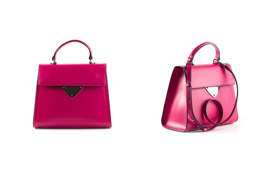 women pink leather handbag isolated on white background