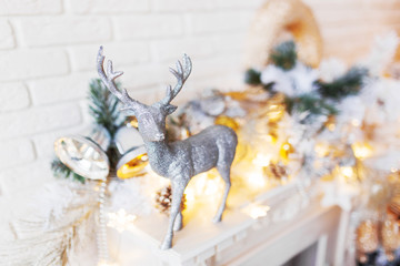 Christmas and New Year decorations with silver deer. Holiday winter background.