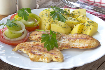 Grilled chicken fillets breasts and vegetables in plate