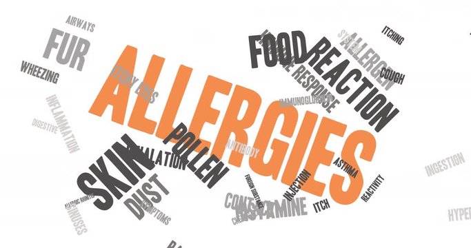 Allergies animated text word cloud on a white background. 