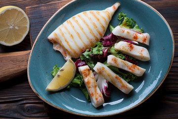 Top view of grilled calamari with fresh salad mix on a plate