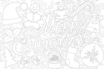 Merry Christmas isolated on the white background for coloring book