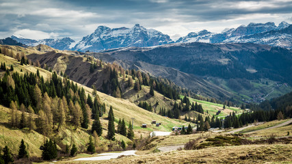 Fototapeta na wymiar Breathtaking view to valley in Dolomites, Italy