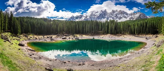 Poster Breathtaking view to mountain Carezza lake in Dolomites, Italy © shaiith