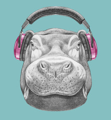 Portrait of Hippo with headphones. Hand drawn illustration.