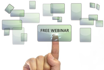 Businessman hand pushing on a touch screen interface on free webinar button