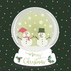 A Merry Christmas holiday snow globe in light green color with two snowman and snowflake inside for Christmas celebrate and Christmas greeting card in green background.