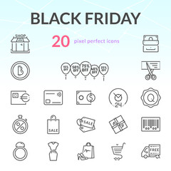 Black friday sale outline icon set of 20 thin modern and stylish icons. Dark line version. EPS 10. Pixel perfect icons.