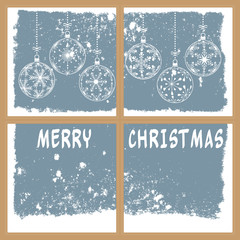 christmas snowy window, vector illustration with christmas balls and text merry christmas, holiday background