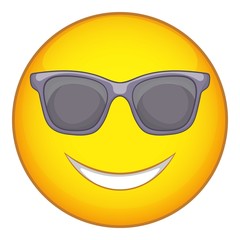 Happy emoticon in sunglasses icon. Cartoon illustration of emoticon vector icon for web design