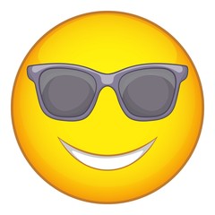 Happy emoticon in sunglasses icon. Cartoon illustration of emoticon vector icon for web design