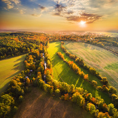 Beautiful sunset over The Radbuza river. Autumn in western Bohemia. Aerial view to scenic landscape...