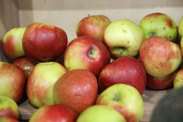 Red apples in wooden box. 