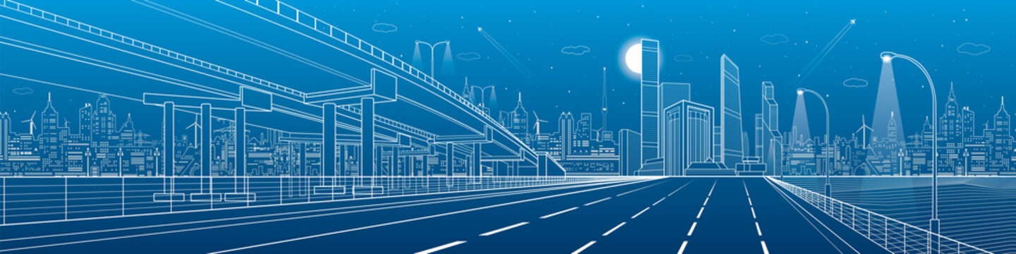 Automotive flyover, architectural and infrastructure panorama, transport overpass, highway. Business center, night city, towers and skyscrapers, white lines urban scene, vector design art