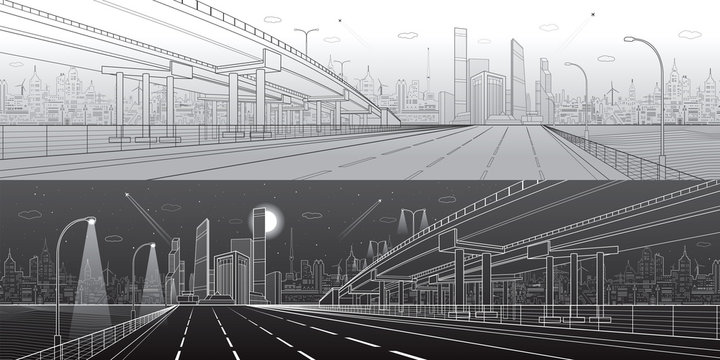 Automotive flyover, architectural and infrastructure panorama, transport overpass, highway. Business center, city, towers and skyscrapers, urban scene, black and white version, vector design art