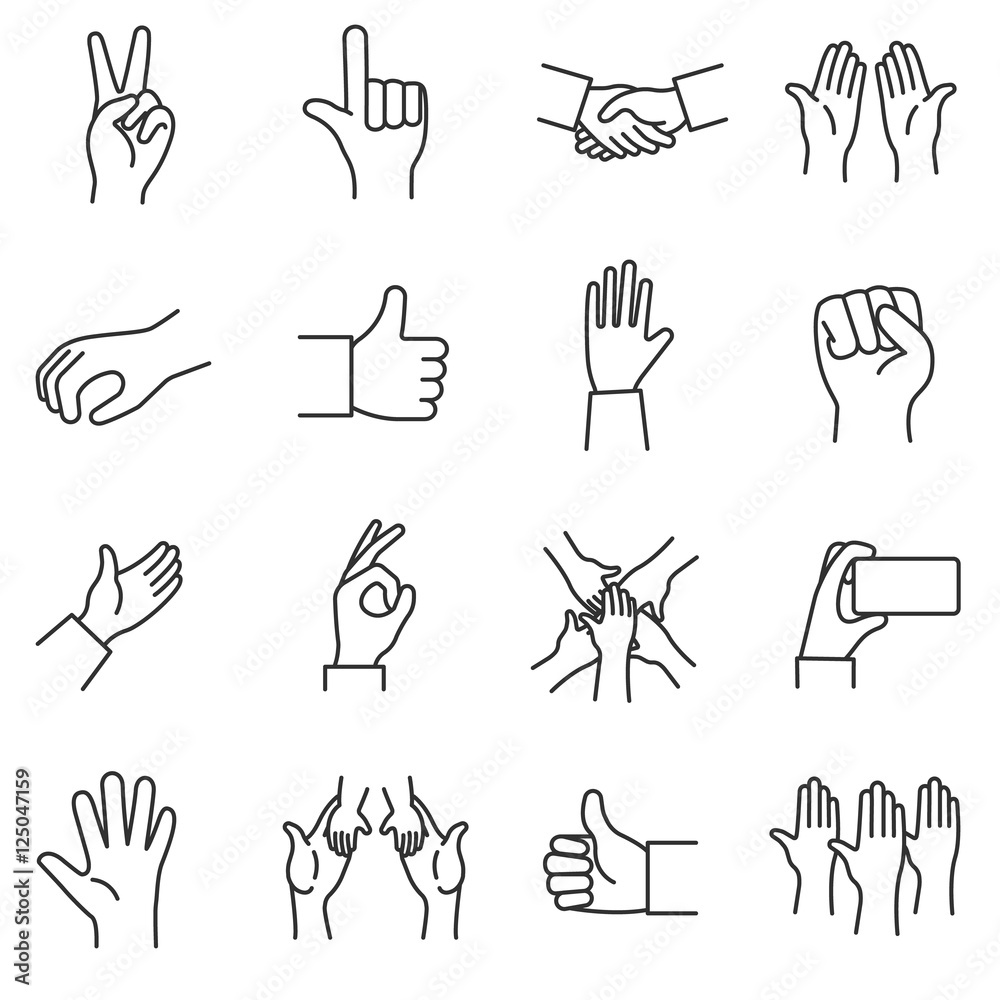 Wall mural gestures icons set. hand gestures, thin line design. hand in a different position, linear symbols co - Wall murals