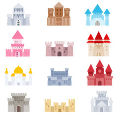 castles icons set. medieval castles, flat design. old buildings, symbols collection. castles of different forms, isolated vector illustration