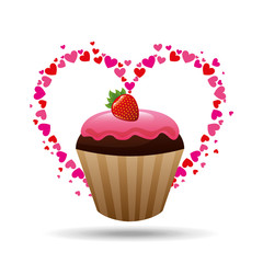 heart cartoon cupcake chocolate pink cream and strawberry sweet icon design vector illustration