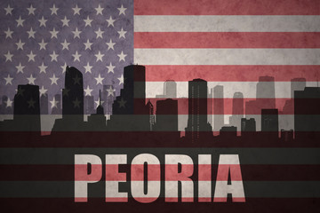 abstract silhouette of the city with text Peoria at the vintage american flag