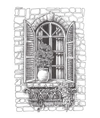 Drawn sketch vintage window with shutters