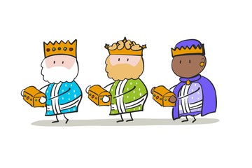 Los tres reyes magos de oriente con cofres de oro