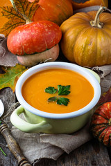 Vegetarian pumpkin soup in pan