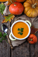 Vegetarian pumpkin soup in pan