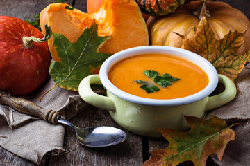 Vegetarian pumpkin soup in pan