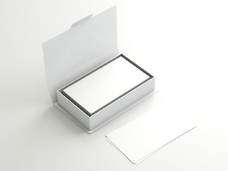 White contact business cards in the open white cardboard box. Clean mockup template with free copy space for design or advertising. On light effect white background. 3d illustration
