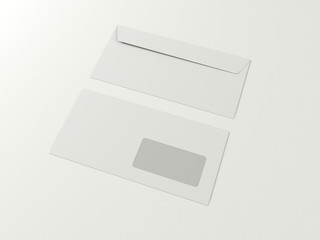 Isolated white postal envelope for letters with window and clean blank copy space for text, advertising or design. Cover identity template mock up for idea. On white background. 3d illustration
