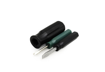 Pocket size standard flat head screwdriver on white background