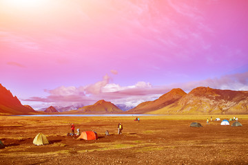 Travel to Iceland. Beautiful Icelandic landscape with mountains, sky and clouds. Trekking in...