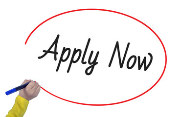 Woman hand writing apply now  with marker